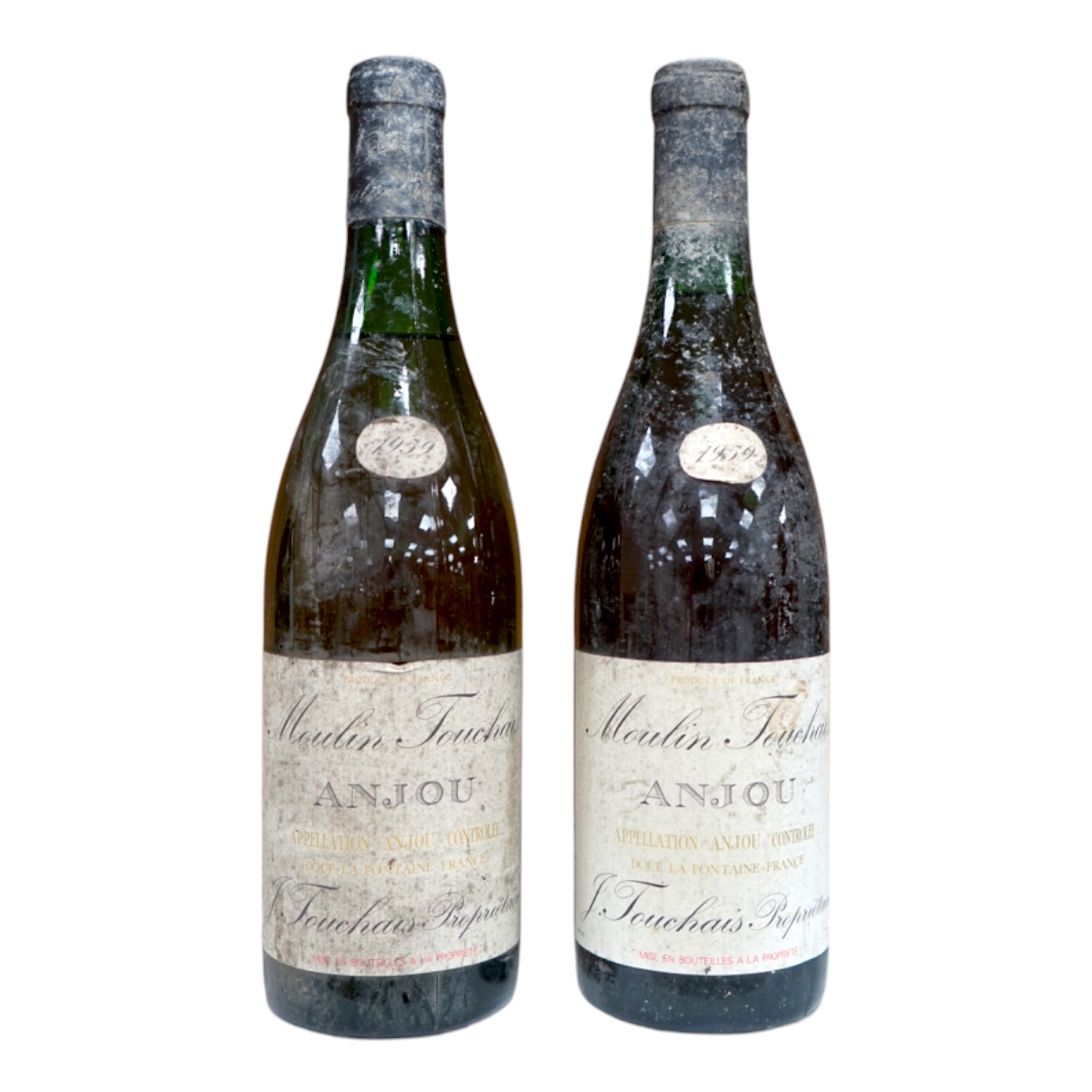 Two bottles of Moulin Touchais Anjou 1959 red wine. Condition - fair, staining to label, etc.